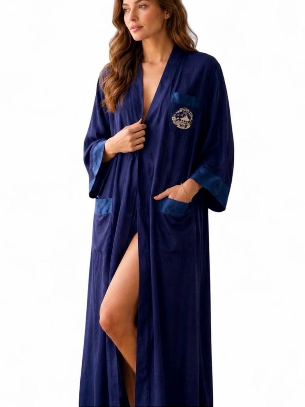 Vintage Navy Silk Jacquard Robe Kimono | Embroidered Luxe Lounge Coat